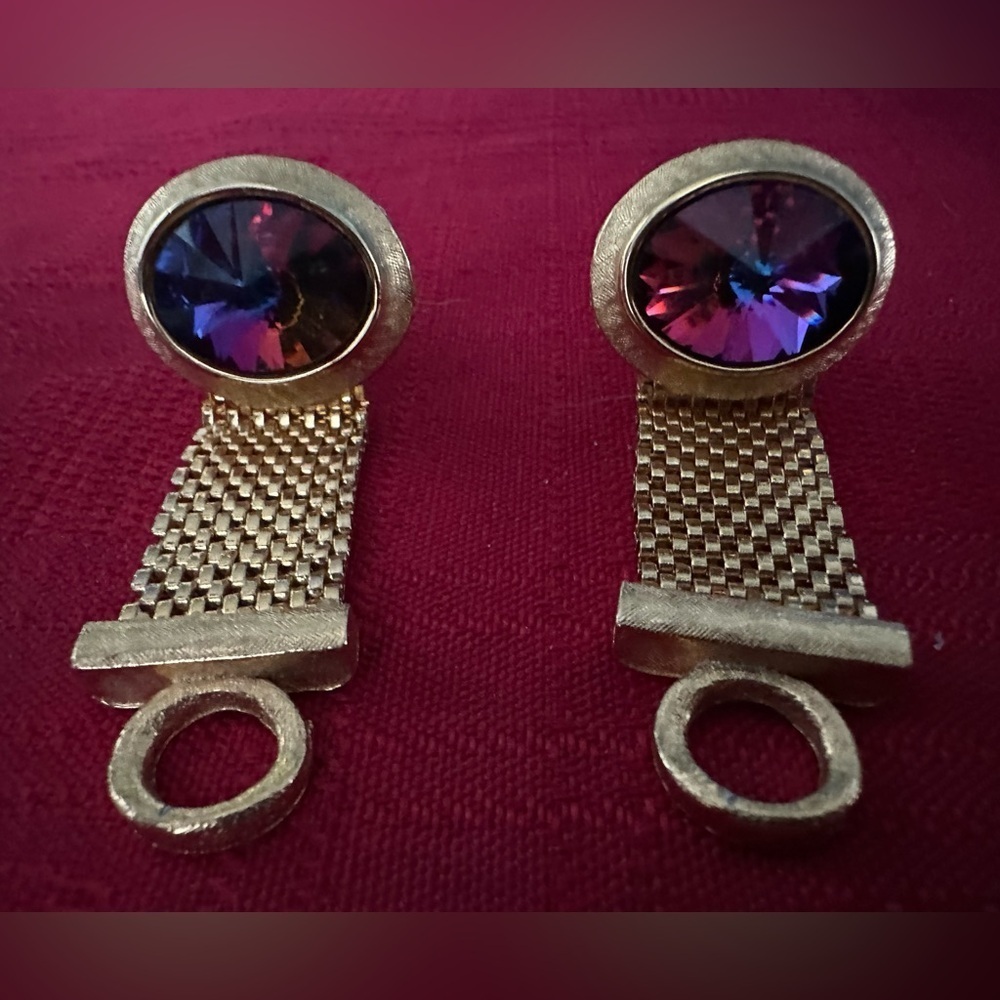 Dante 70s Gold Tone Mesh Cufflinks Rivoli Crystal Vintage Retro
